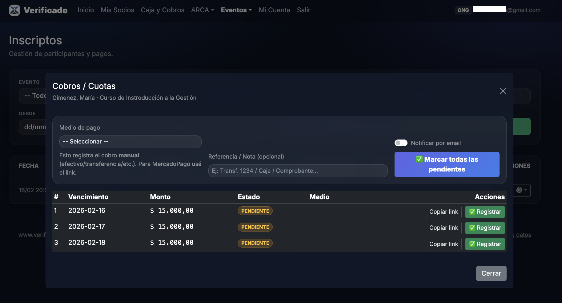 Pantalla de cobro de cuotas