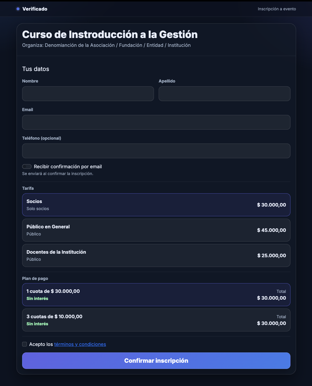 Formulario de inscripción a eventos