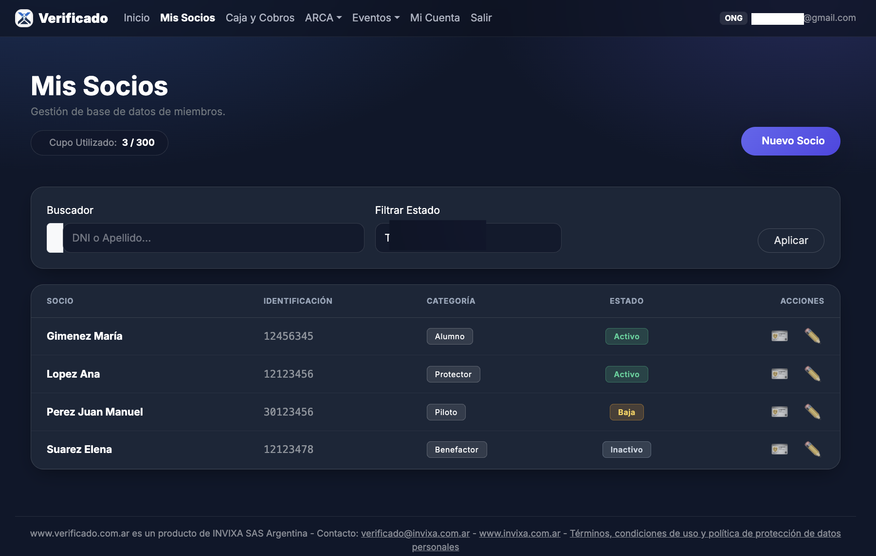 Pantalla de gestión de socios